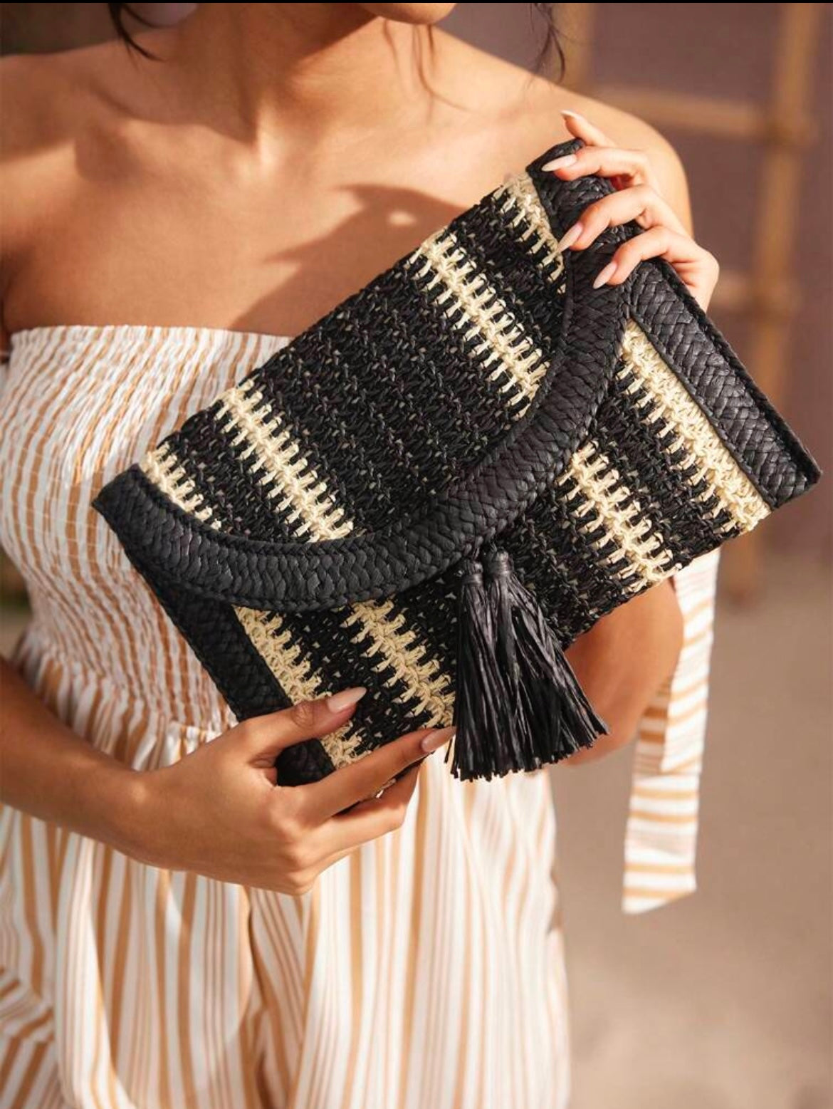 Raffia Black Tassel Clutch
